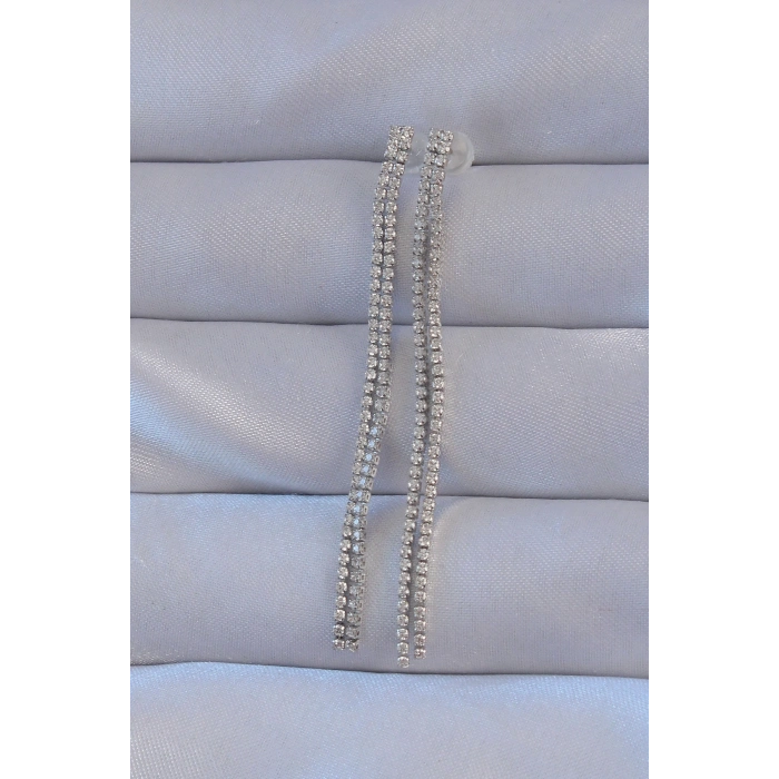 Nevamel® Pirinç Gümüş Renk Zirkon Taşlı Su Yolu Model Küpe 5886