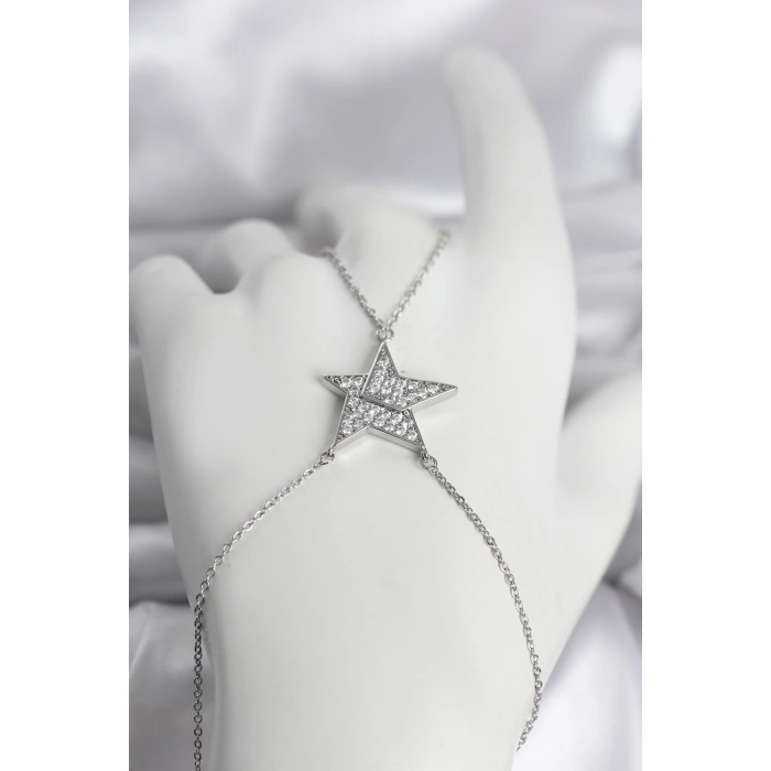 Nevamel® Pirinç Gümüş Renk Zirkon Taşlı Yıldız Model Kadın Şahmeran 5886