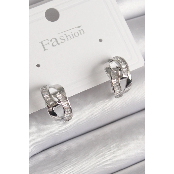 Nevamel® Pirinç Gümüş Renk Zirkon Taşlı Zincir Model Kadın Küpe 5886