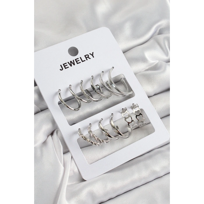 Nevamel® Pirinç Karışık Halka Model Gümüş Renk 6 Çift Kadın Küpe Set 5886
