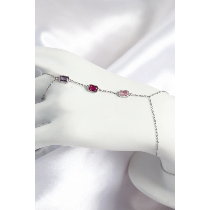 Nevamel® Pirinç Renkli Zirkon Taşlı Dikdörtgen Model Gümüş Renk Kadın Şahmeran 5886