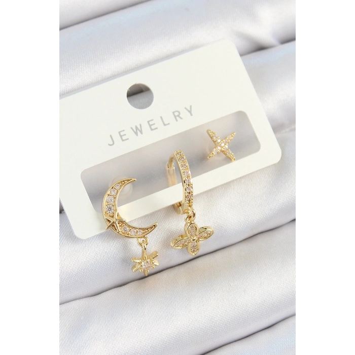Nevamel® Pirinç Zirkon Taşlı Çiçek Ve Ay Model Gold Renk 3lü Çift Kadın Küpe Set 5886