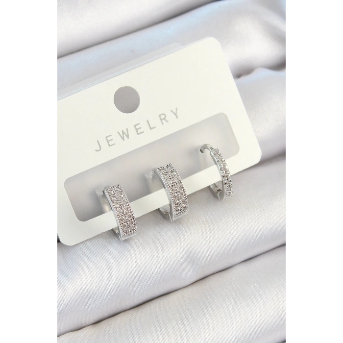 Nevamel® Pirinç Zirkon Taşlı Halka Model Gümüş Renk 3lü Çift Kadın Küpe Set 5886
