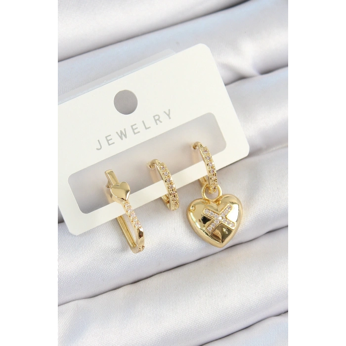 Nevamel® Pirinç Zirkon Taşlı Kalp Model Gold Renk 3lü Çift Kadın Küpe Set 5886