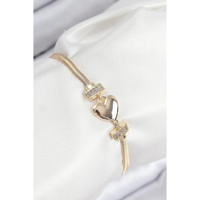 Nevamel® Pirinç Zirkon Taşlı Kalp Model Gold Renk Kadın Bileklik 5886