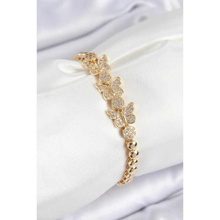 Nevamel® Pirinç Zirkon Taşlı Kelebek Model Gold Renk Kadın Bileklik 5886