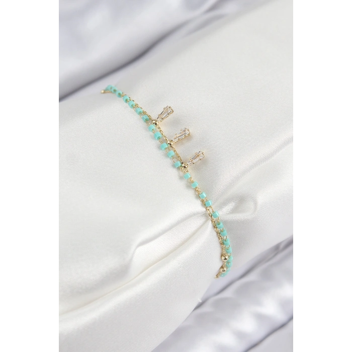 Nevamel® Pirinç Zirkon Taşlı Mavi Boncuklu Model Gold Renk Kadın Bileklik 5886