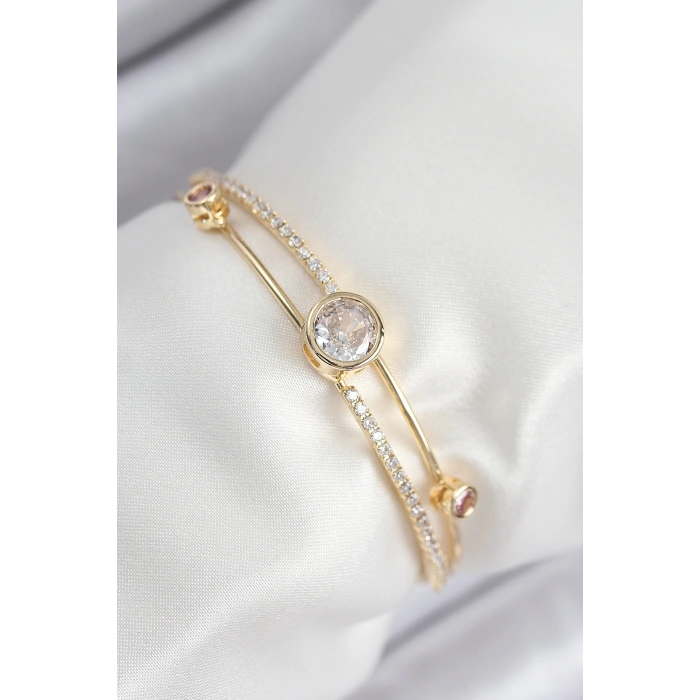 Nevamel® Pirinç Zirkon Taşlı Pırlanta Model Gold Renk Kadın Bileklik 5886