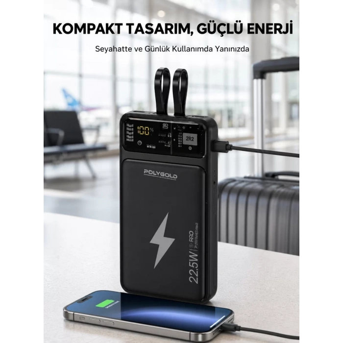 Nevamel® Powerbank Dahili Ekranlı 10000 mAh Çift Kablolu Yeni Nesil
