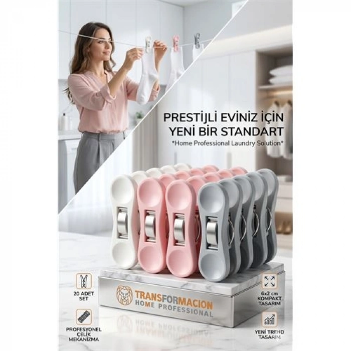 Nevamel® Profesyonel Çamaşır Mandalı | 20li Çelik Mekanizmalı İz Bırakmaz Mandal Seti 723088