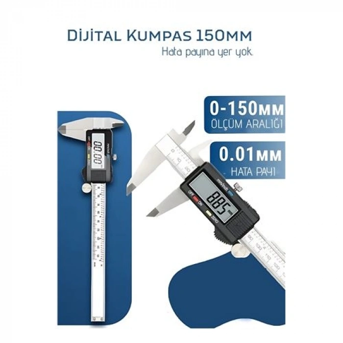 Nevamel® Profesyonel Dijital Kumpas 150mm - Karbon Fiber Gövde Hassas LCD Ekran İnç/Metrik Ölçüm Cihazı