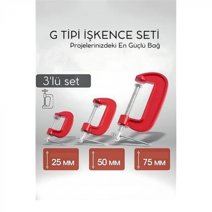 Nevamel® Profesyonel G Tipi İşkence Seti 3lü: 25-50-75 mm Döküm Metal Ağaç İşleme ve Montaj Kelepçesi Takımı