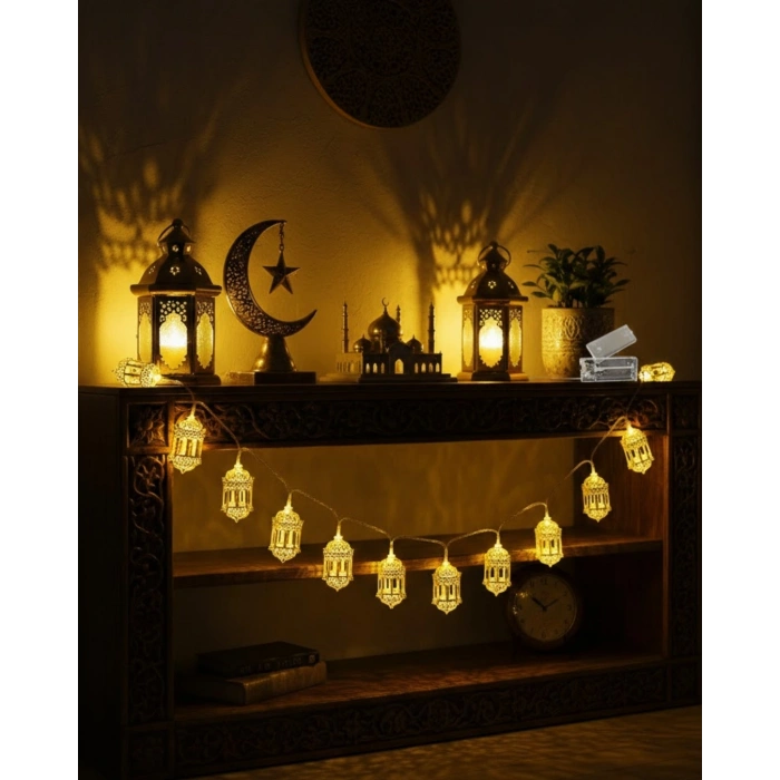 Nevamel® Ramazan Dekoru İçin Pilli LED Işık Altın Fener Tasarımlı