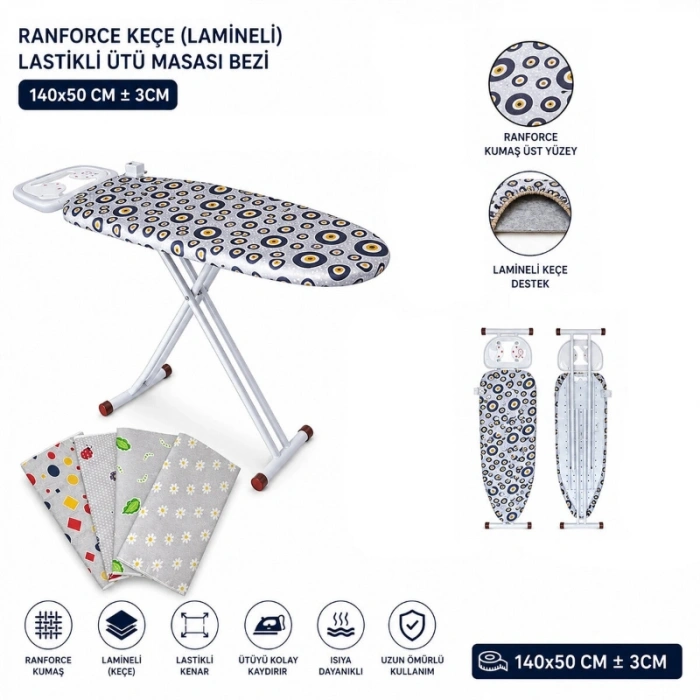 Nevamel® Ranforce Keçe Ütü Masası Bezi - Lastikli - Lamineli - 140x50 cm