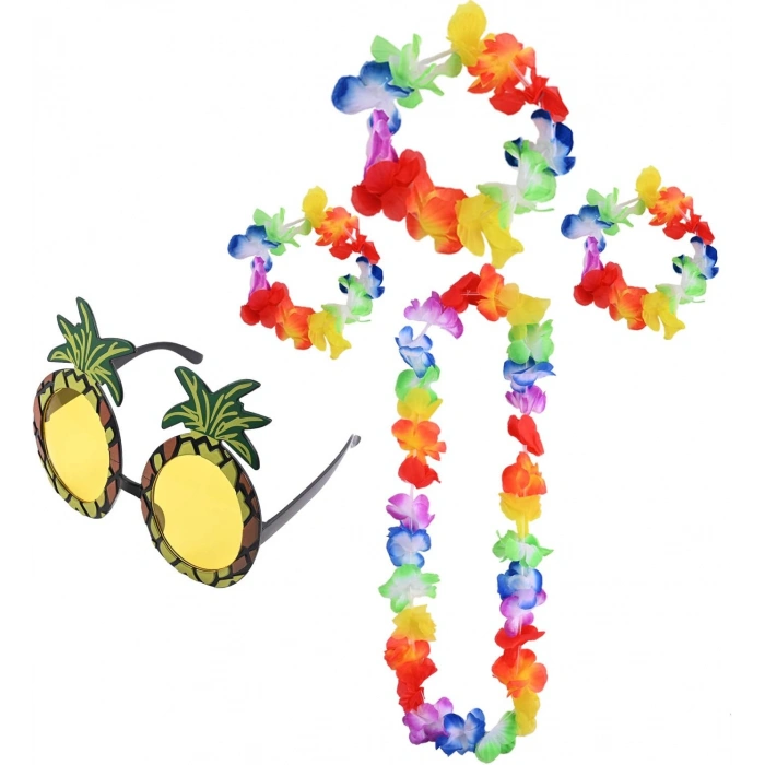 Nevamel Renkli Ananas Gözlük, Taç, Kolye ve Bileklik Seti