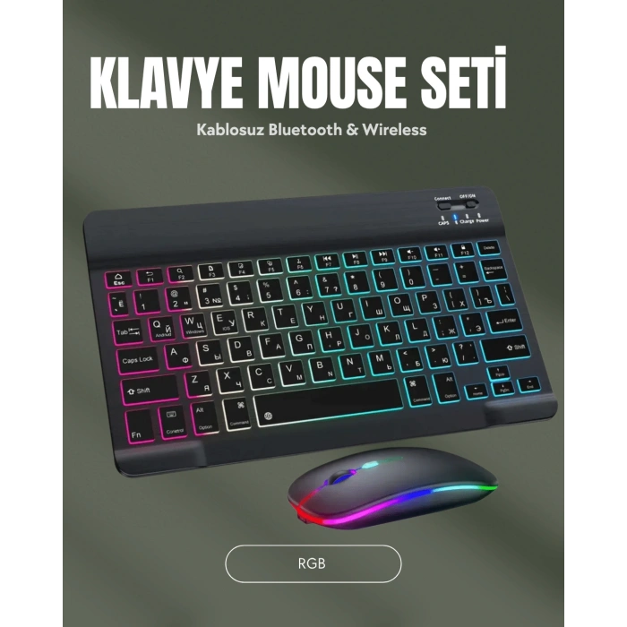 Nevamel® RGB Aydınlatmalı Şarjlı Kablosuz Klavye ve Mouse Seti – Modern ve Kompakt Tasarım