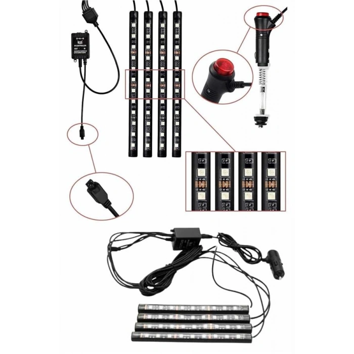 Nevamel RGB Işıklı Araç İçi Aydınlatma Kumandalı 12li Led Işık Renk Değiştirebilen