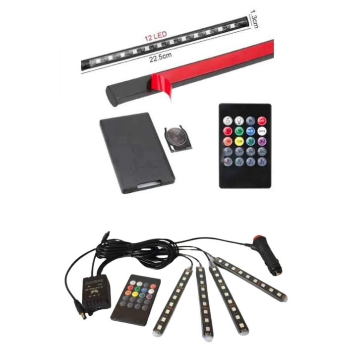Nevamel RGB Işıklı Araç İçi Aydınlatma Kumandalı 12li Led Işık Renk Değiştirebilen