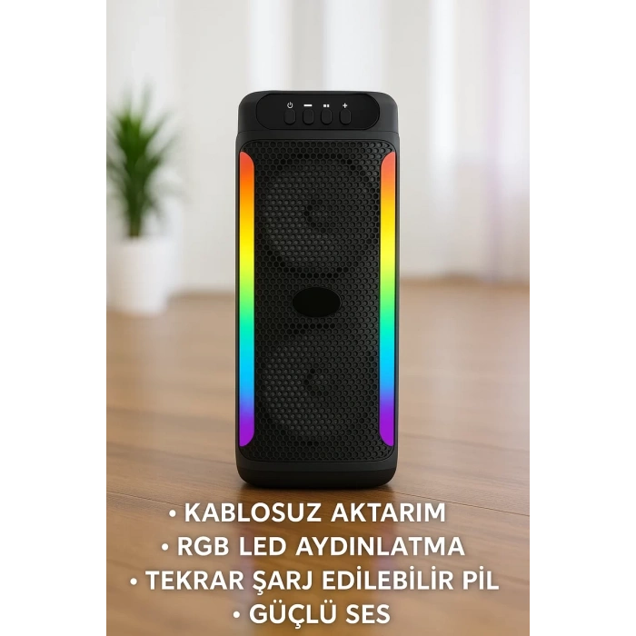 Nevamel® RGB Işıklı Çift Hoparlörlü Taşınabilir Bluetooth Speaker ve Mikrofon Yeni Nesil