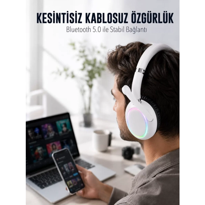Nevamel® RGB Işıklı Mikrofonlu Bluetooth Kulaklık Beyaz Over-Ear Tasarım Type-C Şarjlı