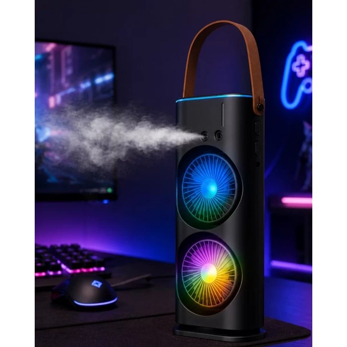Nevamel® RGB Işıklı Spreyli Masa Fanı Çift Motorlu Güçlü Üflemeli Taşınabilir Fan