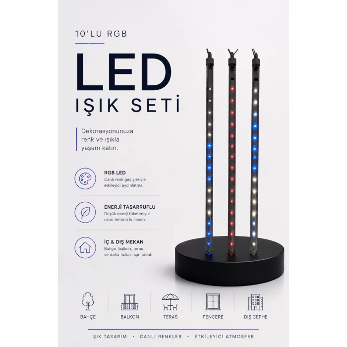 Nevamel® RGB LED Dış Ve İç Mekan Süsleme Işığı 10 Çubuklu Şerit