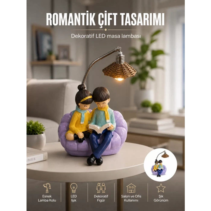 Nevamel® Romantik Çift Figürlü Okuyan Çift Masa Lambası Dekoratif LED Aydınlatma