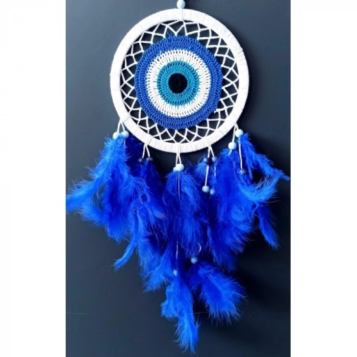 Nevamel Saks Mavisi Kuş Tüylü Dream Catcher Nazar Boncuğu Motifli Düş Kapanı Duvar Süsü