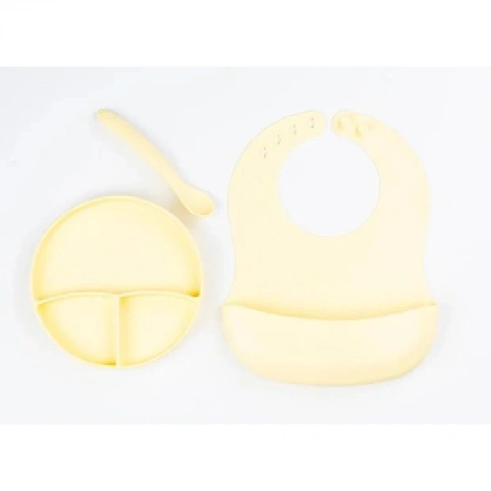 Nevamel Sarı 3’lü Silikon Yemek Seti – Önlük + Diş Kaşıyıcılı Kaşık + Vakumlu Tabak