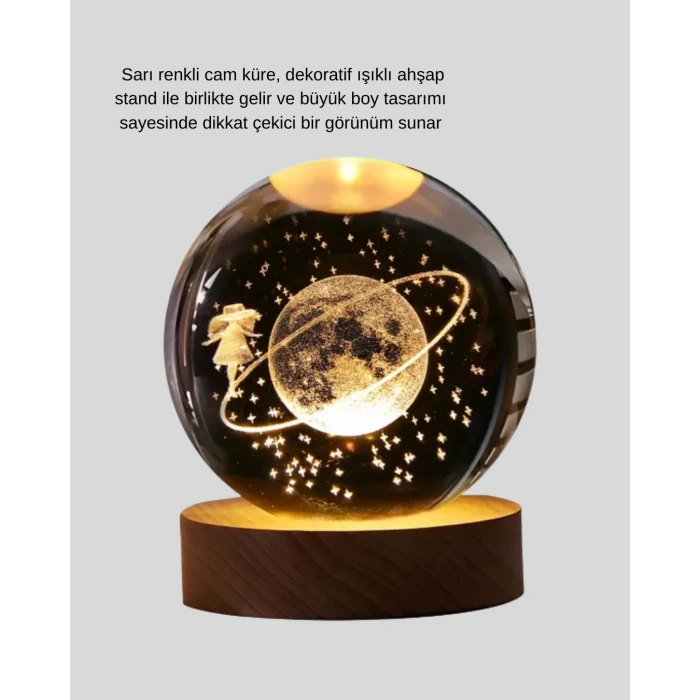 Nevamel® Sarı Işıklı Dekoratif Cam Küre Kız Figürlü Ahşap Standlı