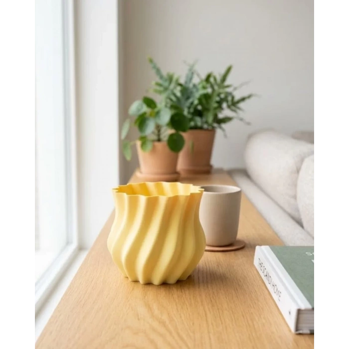 Nevamel® Sarı Kıvrımlı 3D Vazo Estetik Modern Ev ve Ofis Dekoru