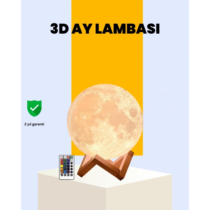 Nevamel® Şarjlı 3D Baskılı 16 Renk Ay Lambası Ahşap Stand ve Uzaktan Kumanda