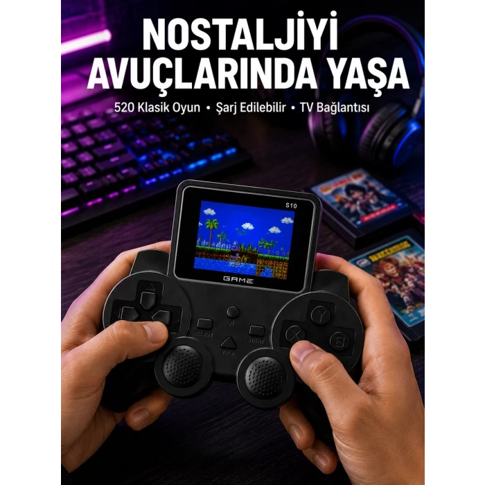 Nevamel® Şarjlı Retro Gamepad Oyun Konsolu 520 Oyunlu TV Çıkışlı El Konsolu