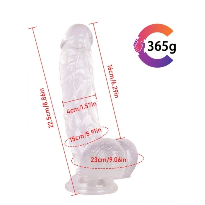 Nevamel® Şeffaf Jel Silikon Testislik Vantuzlu 21.5Cm Gerçekçi Dildo
