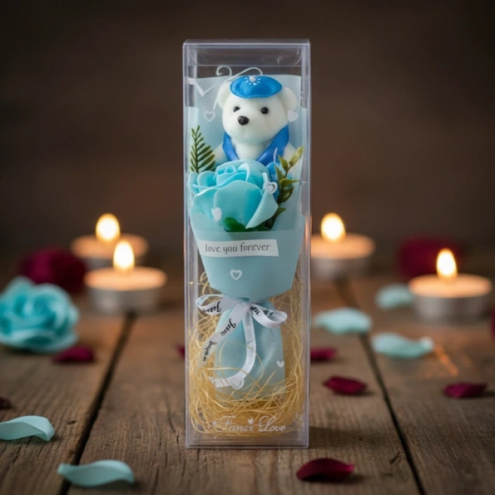 Nevamel® Şeffaf Kutulu Ayıcıklı Gül Buketi