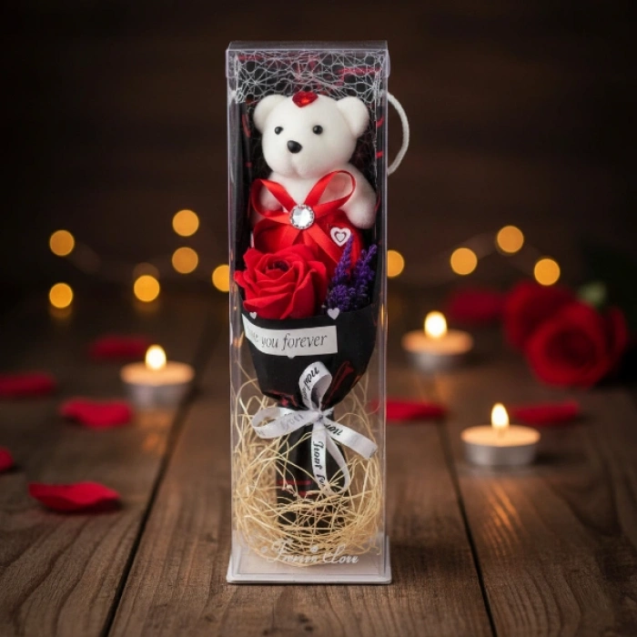 Nevamel® Şeffaf Kutulu Ayıcıklı Gül Buketi