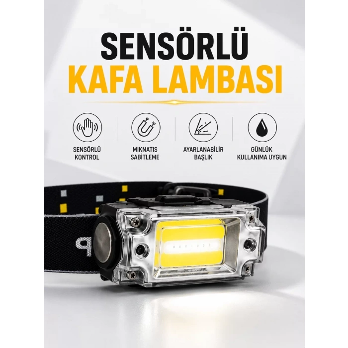 Nevamel® Sensör Kontrollü Şarjlı Beyaz LED Kafa Lambası ve El Feneri