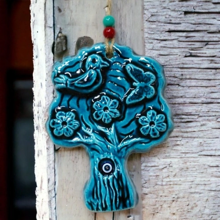 Nevamel Seramik Kuşlu Nazar Boncuklu Ağaç Modelli Duvar Süsü