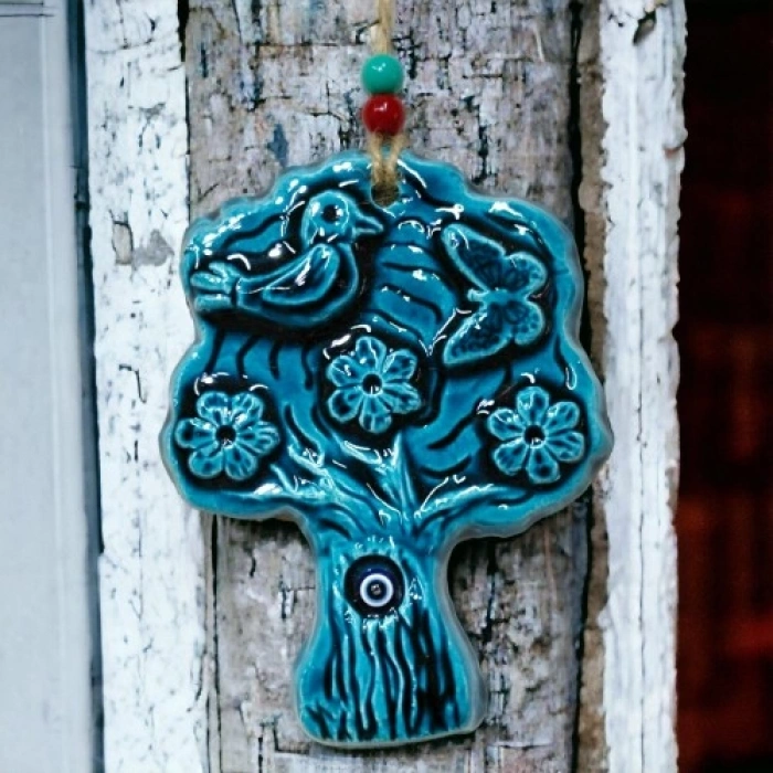 Nevamel Seramik Kuşlu Nazar Boncuklu Ağaç Modelli Duvar Süsü