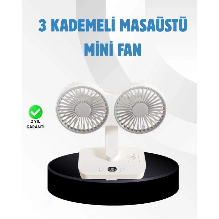 Nevamel® Sessiz Çalışan USB Şarjlı Çift Kafalı Masaüstü Fan – Ev ve Ofis İçin