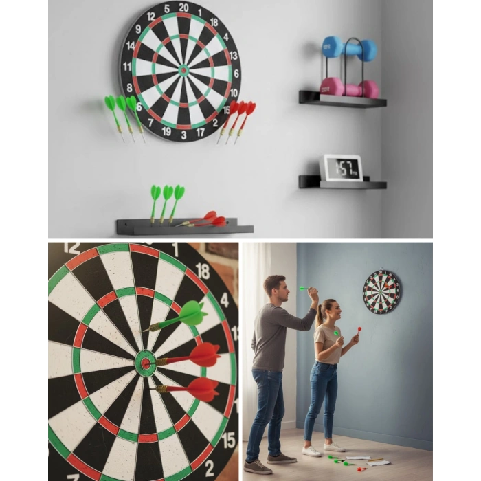 Nevamel® Şık Tasarımlı 15 İnç Dart Tahtası Metal Uçlu 4 Ok Seti