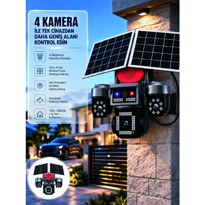 Nevamel® SIM Kart Destekli 4 Kameralı Akıllı Dış Mekan Güvenlik Kamerası