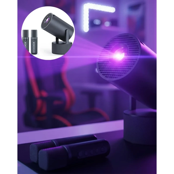 Nevamel® Siyah Android Sistemli Kareoke Projeksiyon 180° Döner Başlıklı