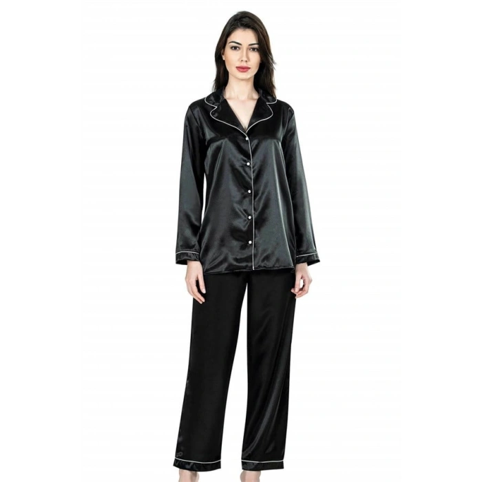 Nevamel® Siyah İkili Saten Gecelik Pijama Takımı 7647 (Kod:7647)
