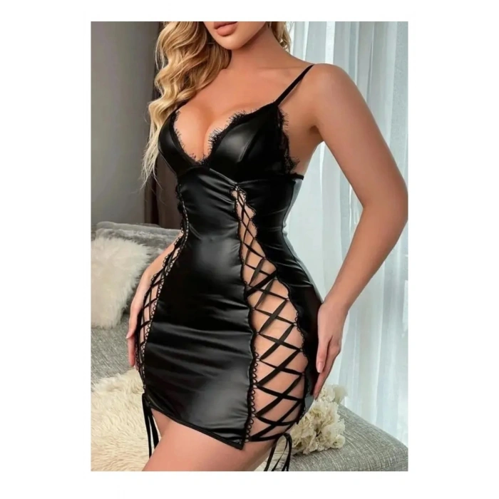 Nevamel® Siyah Kadın Deri Çapraz İpli Fantezi Seksi Kostüm Gece Elbisesi
