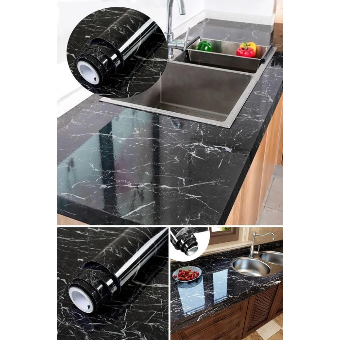 Nevamel Siyah Mermer Desenli Yapışkanlı Kaplama Kağıdı 5 Metre