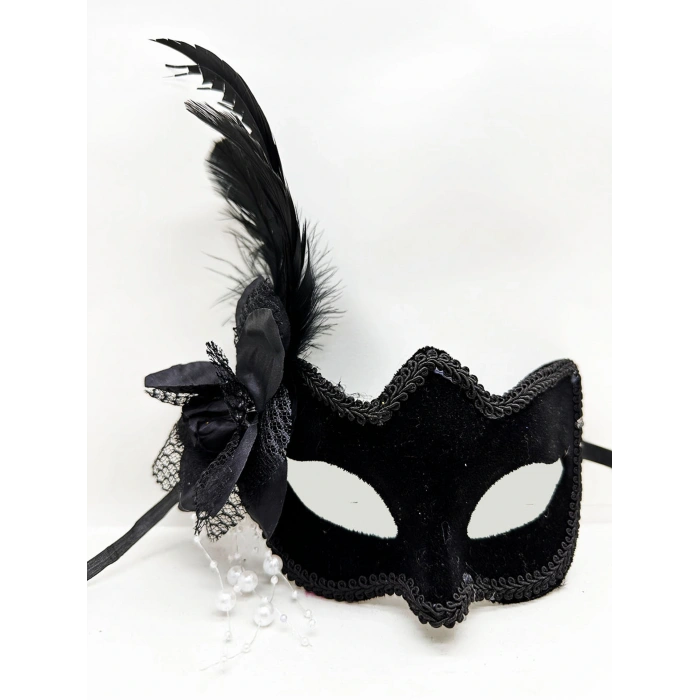 Nevamel Siyah Süet Yandan Tüylü İncili Parti Maskesi