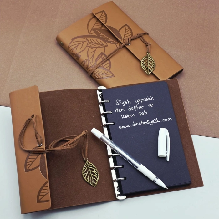 Nevamel® Siyah Yapraklı Deri Defter Ve Beyaz Jel Kalem Seti