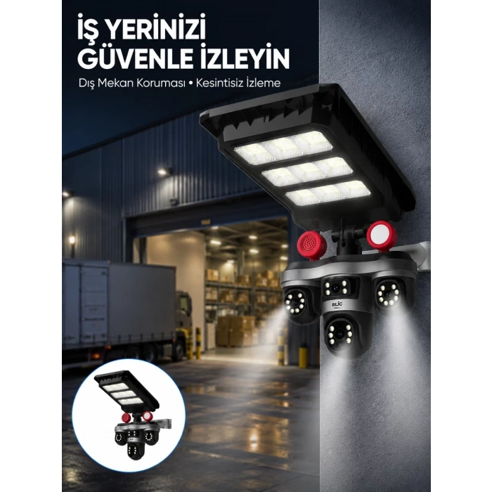 Nevamel® Solar Panelli 3 Lens Dış Mekan Güvenlik Kamerası Hareket Algılamalı LED Aydınlatmalı