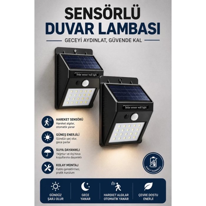 Nevamel® Solar Sensörlü Duvar Lambası Bahçe Lamba 20 Led Işık
